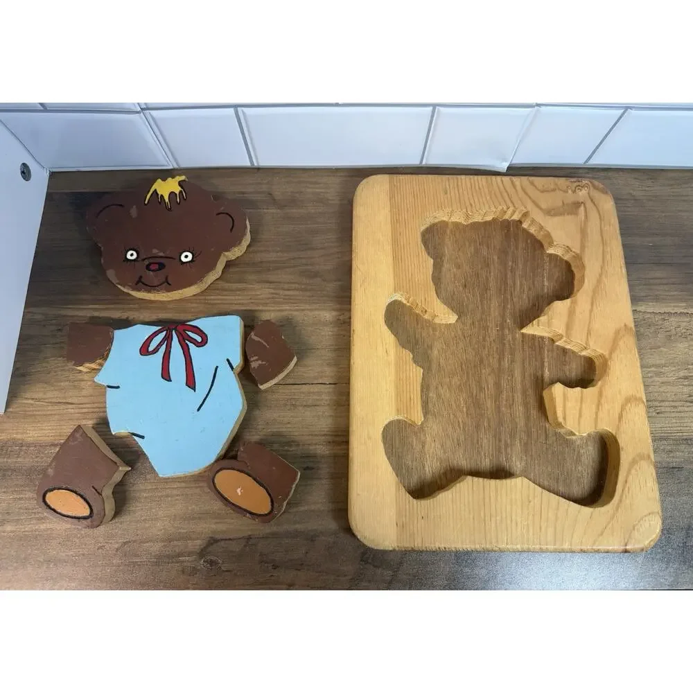 Vintage Handmade Wooden Tray Puzzles Teddy Bear & Panda Folk Art Set